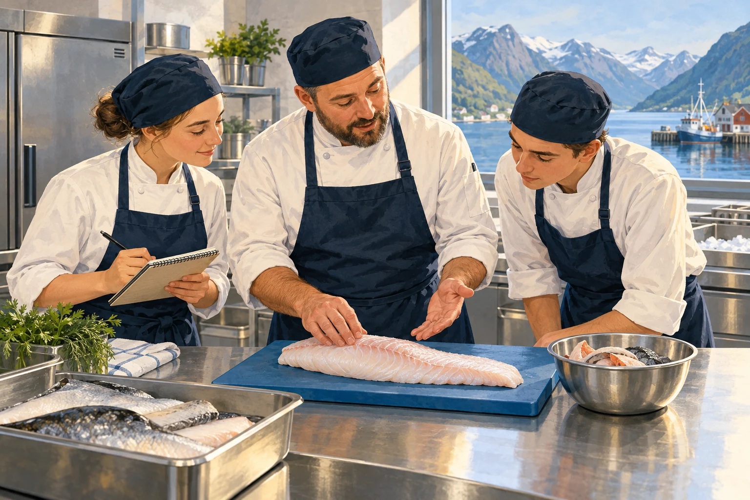En kokk veileder to lærlinger ved en kjøkkenbenk med fiskefilet på et blått skjærebrett og en egen skål med rå fiskeavskjær