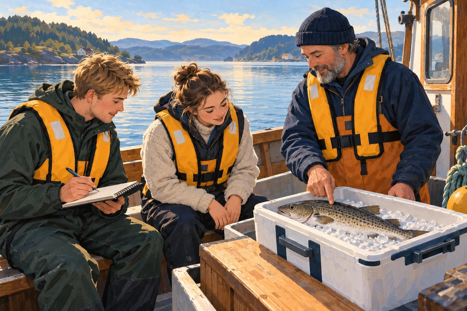 To unge voksne og en fiskeveileder lærer om en matfisk i en kasse med is om bord i en trebåt