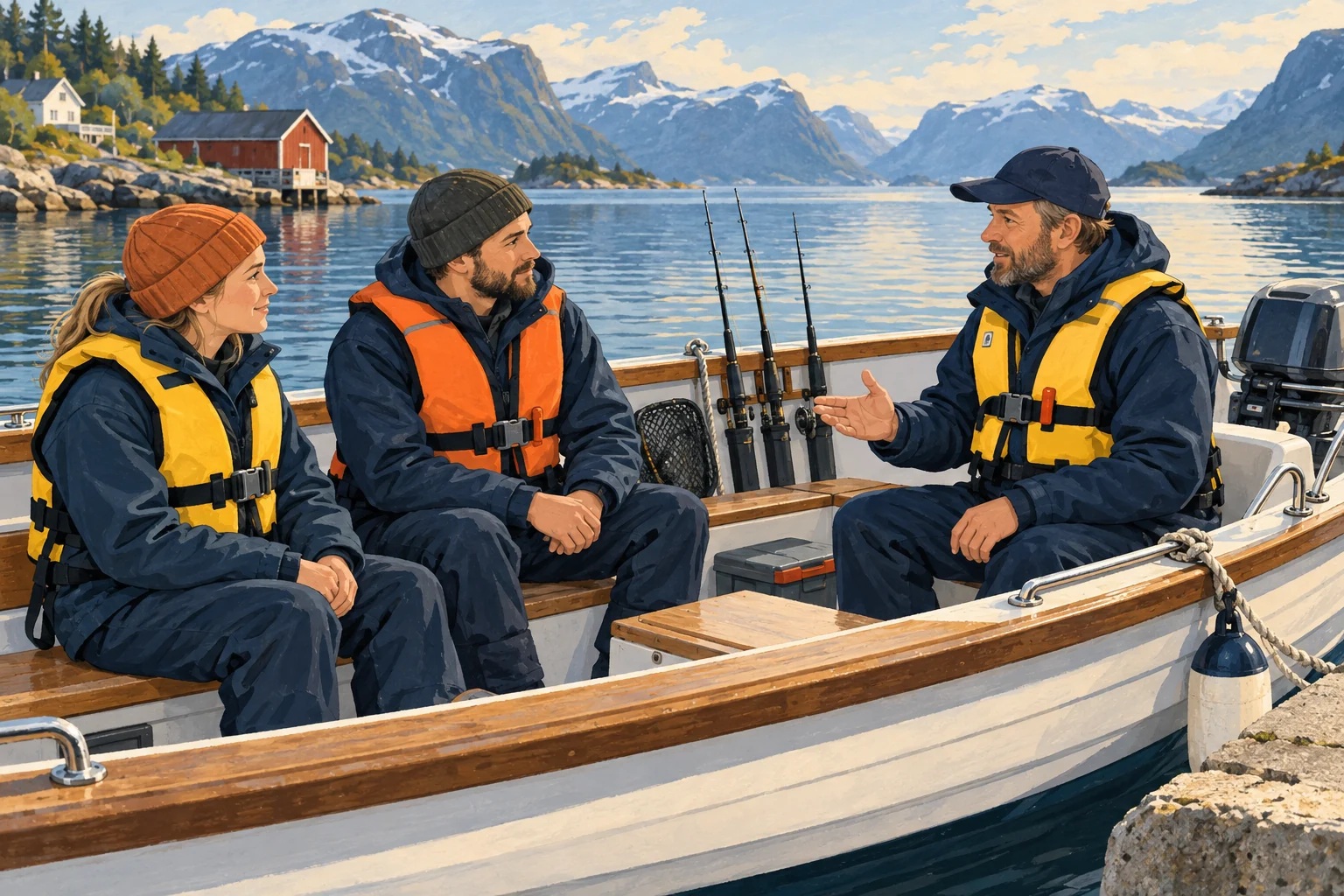 Skipperen går gjennom planen med to sittende deltakere i en fortøyd båt. Alle bruker festede flytevester, og fiskestengene er satt til side.