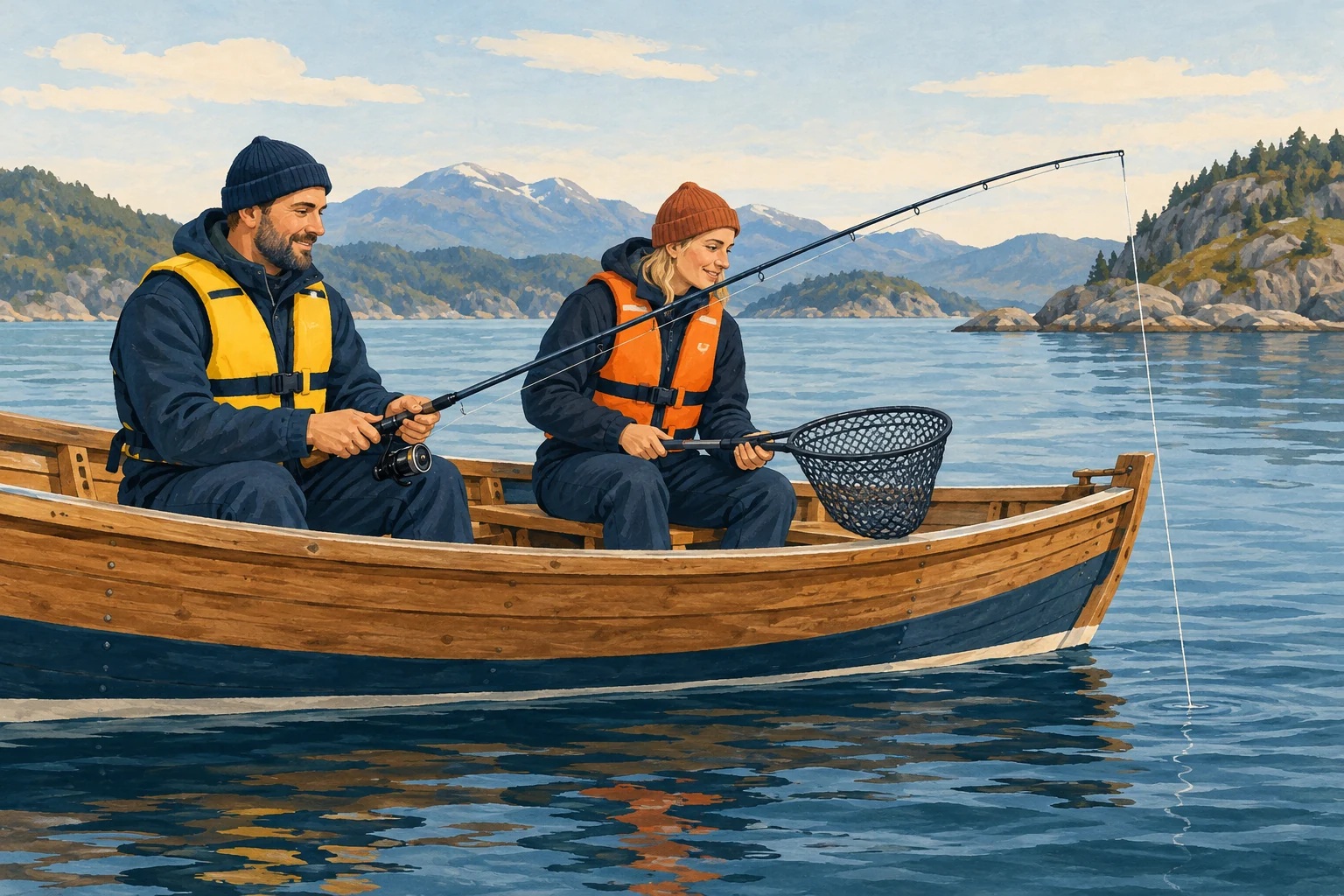 To fiskere med flytevester sitter i en trebåt. Den ene holder en fiskestang, den andre har håven klar.