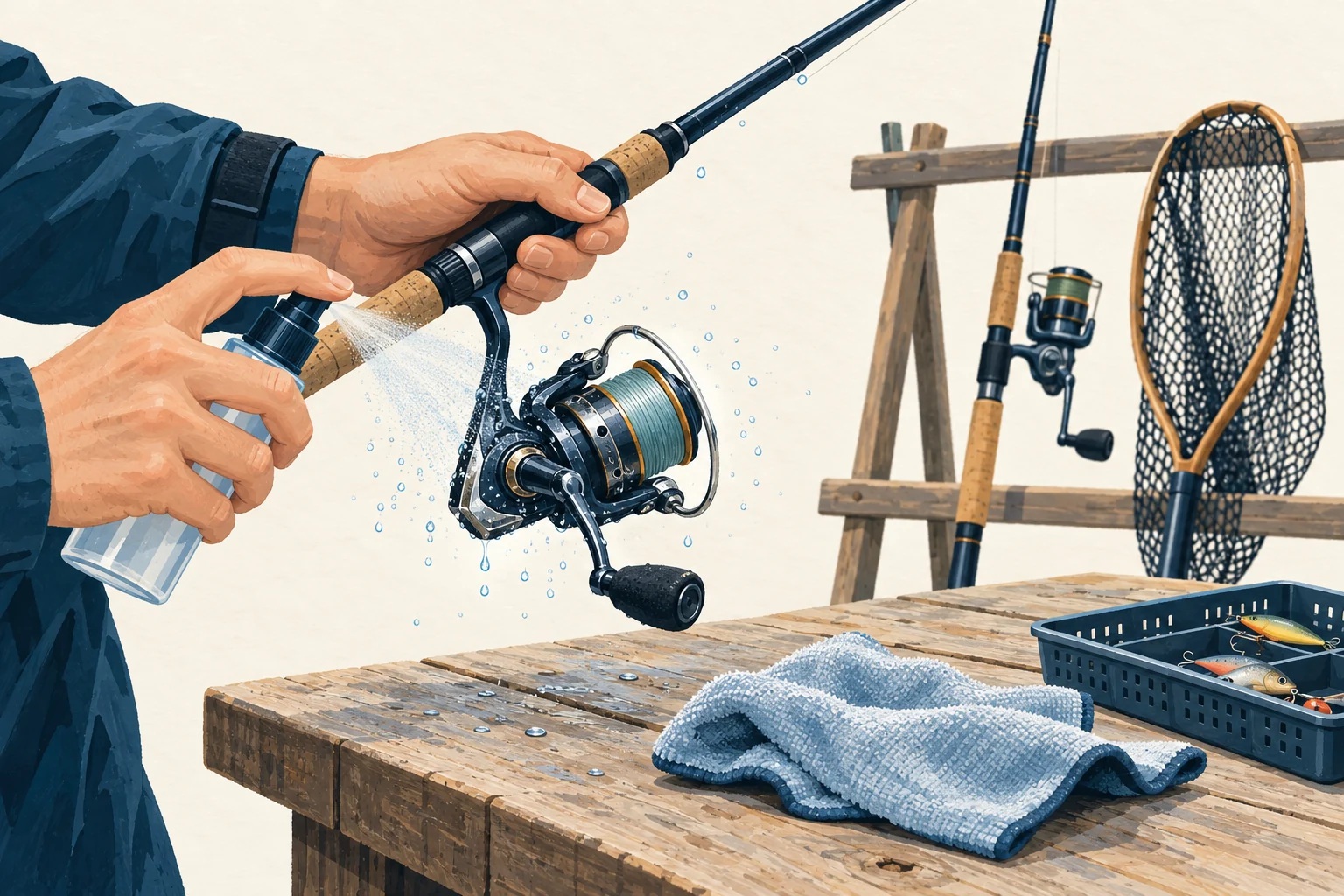 En fiskesnelle får en forsiktig ferskvannsdusj fra sprayflaske. Klut og utstyr til tørking står på benken.