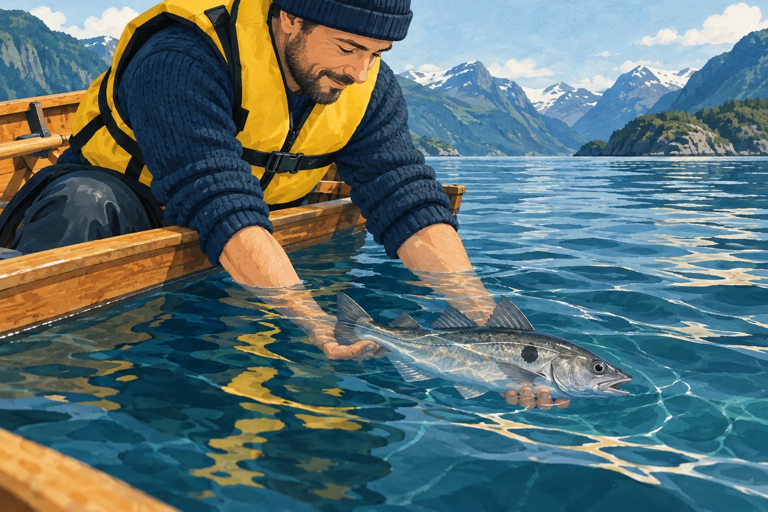 En fisker støtter en fisk forsiktig med begge hender i vannet ved båtsiden.