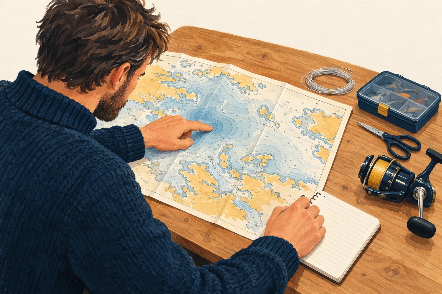 En fisker planlegger turen ved et bord med sjøkart, notatbok og fiskeutstyr.