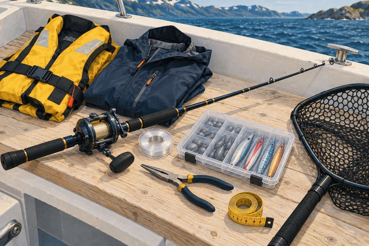 Båtfiskestang med snelle, nylonfortom, boks med pilker og søkker, tang, målebånd, håv, flytevest og jakke ligger samlet på en benk.